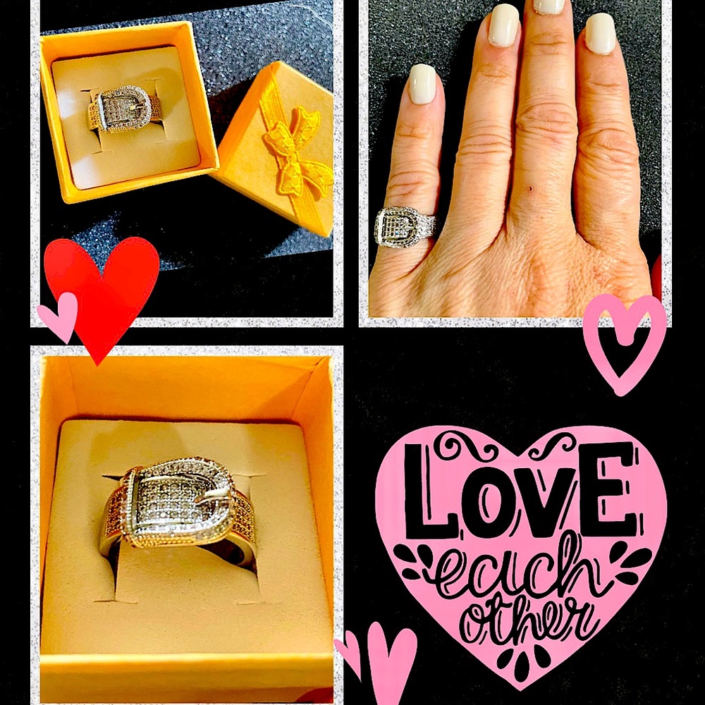 Sterling Silver & Cubic Zirconia Belt Buckle Ring Size 6